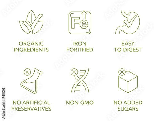 Baby food icons set with main features, thin separated line