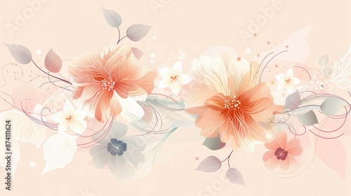 Elegant boho style floral pattern featuring soft pastel flowers with intricate line details on a subtle wave background, perfect for decorative and design projects