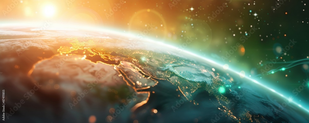Earth from space with a bright glow and a starry background. Earth from space with a bright glow and a starry background.