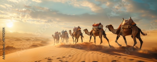 Caravan of camels walking in the desert. Serene and expansive sand dunes.