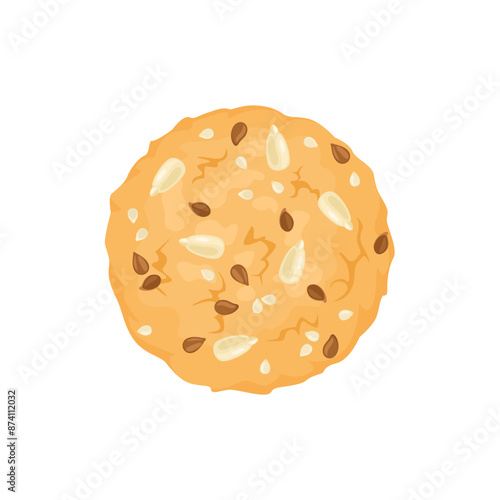 Oatmeal cookie with flax, sesame and sunflower seeds. Vector cartoon flat illustration of healthy food.