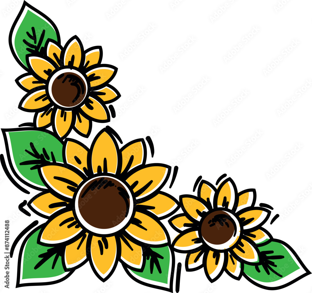 Fototapeta premium Yellow sunflowers border vector illustration. Sunflower drawing