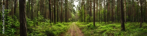 Forest Panorama. Pine woodland pathway in Estonian green park