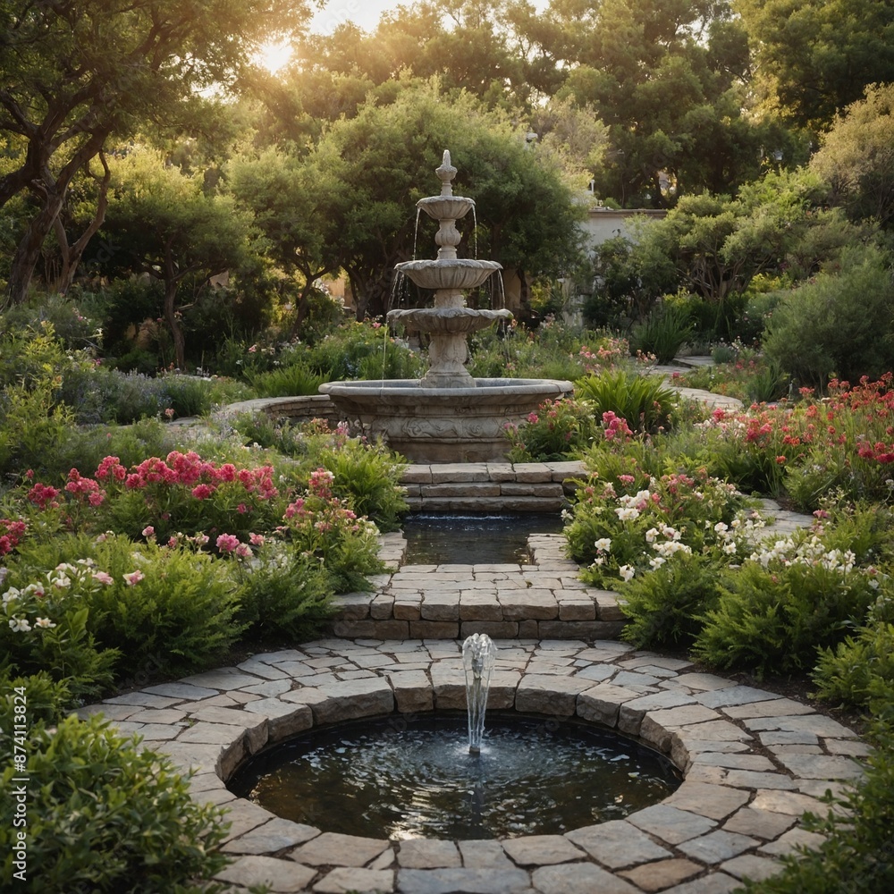 A peaceful garden with a charming stone pathway, blooming flowers, and a serene fountain in the center.
A peaceful garden with a charming stone pathway, blooming flowers, and a serene fountain in the center.