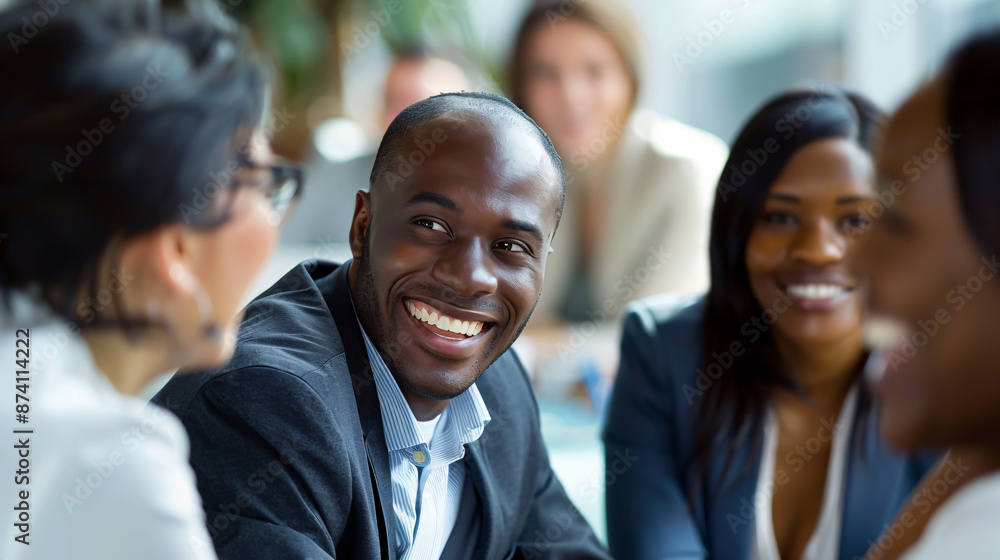 Multiethnic business people engaged in a meeting, highlighting diversity and collaboration in a professional setting. Multiethnic business people engaged in a meeting, highlighting diversity and collaboration in a professional setting.