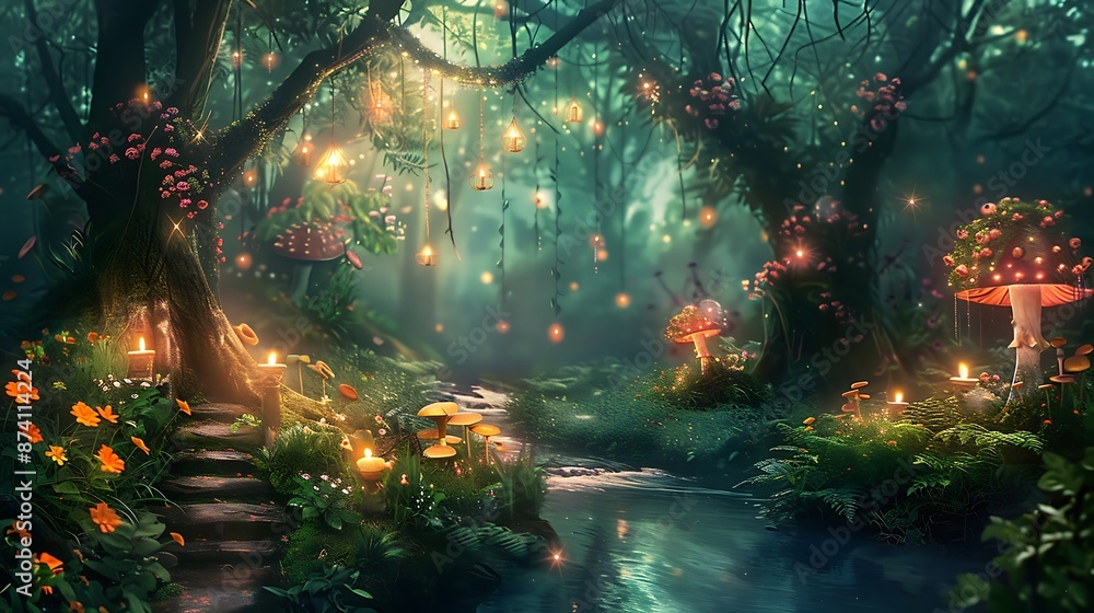 Glowing Mushrooms and Lanterns Light Up a Magical Forest Stream Glowing Mushrooms and Lanterns Light Up a Magical Forest Stream