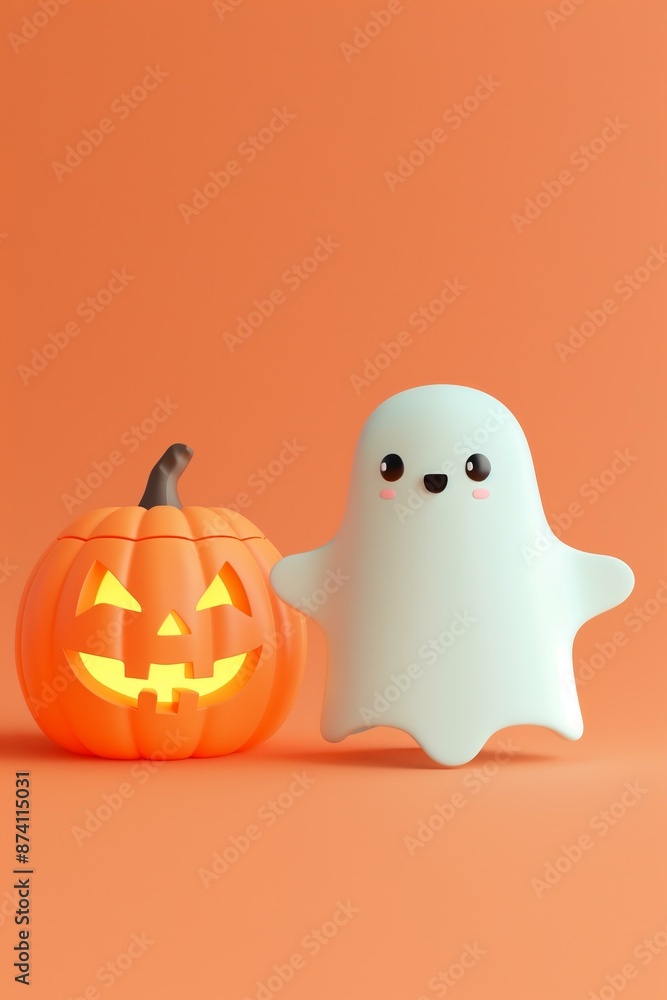 3d render style kawaii Halloween sheet ghost with a jack o lantern pumpkin on an orange solid color background 3d render style kawaii Halloween sheet ghost with a jack o lantern pumpkin on an orange solid color background