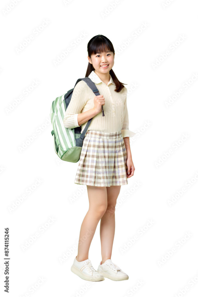 Happy ethnicity teen girl with backpack standing, and wearing short skirt and white shoe, PNG file transparent background. Education in high school college concept. Happy ethnicity teen girl with backpack standing, and wearing short skirt and white shoe, PNG file transparent background. Education in high school college concept.