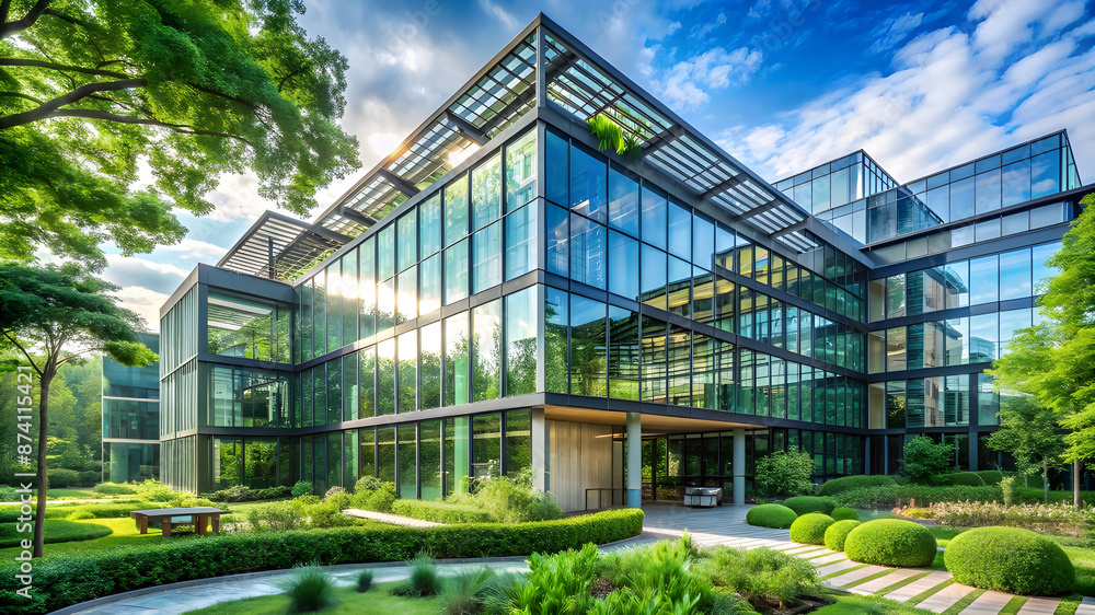 Architecture image with a modern glass building with a lot of green plants trees and bushes for business architecture environmental friendly and eco-concept Architecture image with a modern glass building with a lot of green plants trees and bushes for business architecture environmental friendly and eco-concept