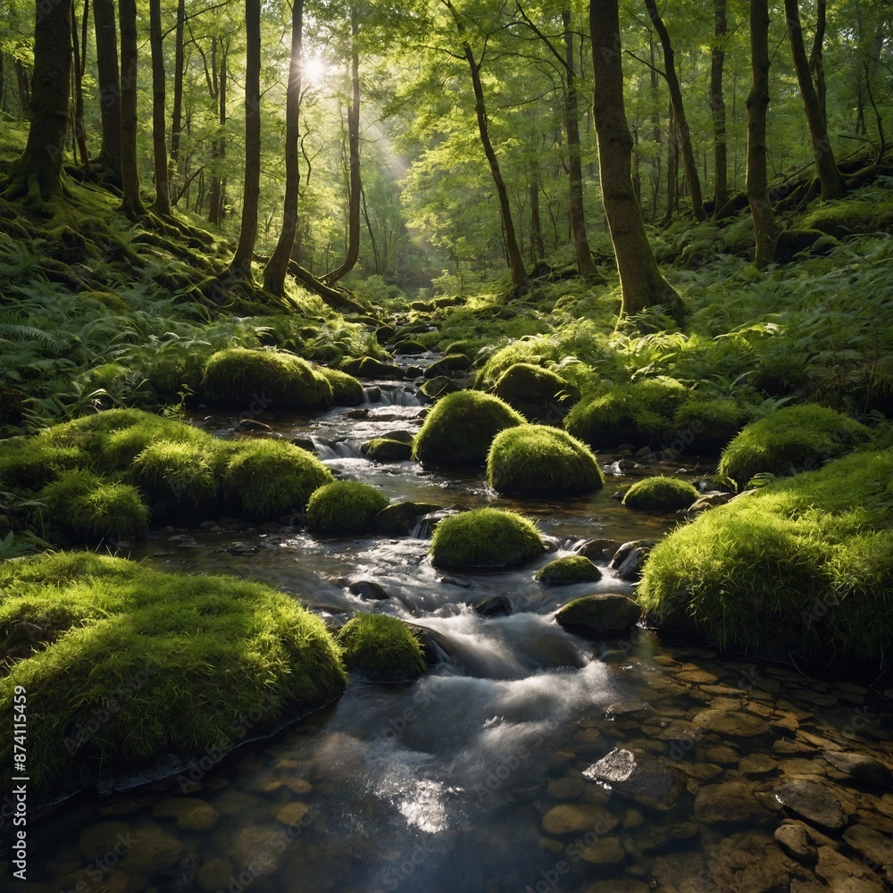 A tranquil forest glade with a gently babbling brook, soft moss covering the ground, and dappled sunlight filtering through the leaves.
A tranquil forest glade with a gently babbling brook, soft moss covering the ground, and dappled sunlight filtering through the leaves.