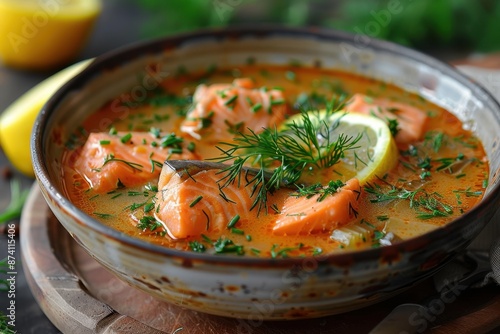 A bowl of ukha, Russian fish soup, garnished with fresh dill and lemon slices. 