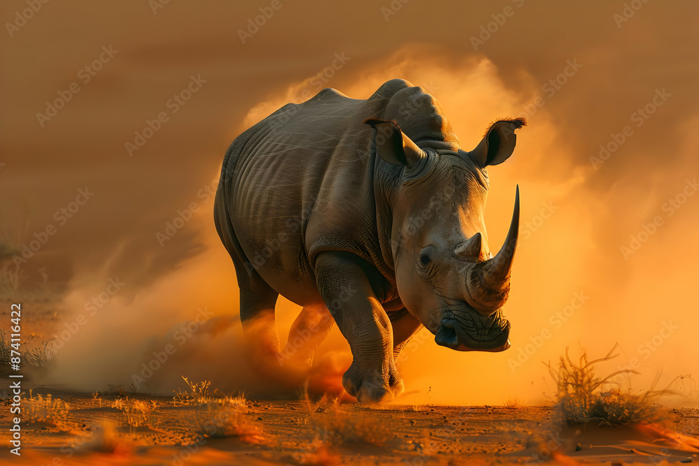 Obraz premium White Rhino Running Through Dust, Wildlife Photography