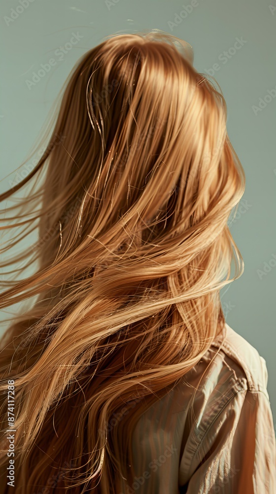 Naklejka premium Captivating Back View of Model with Shiny, Wind-Swept Hair Against a Bright Background