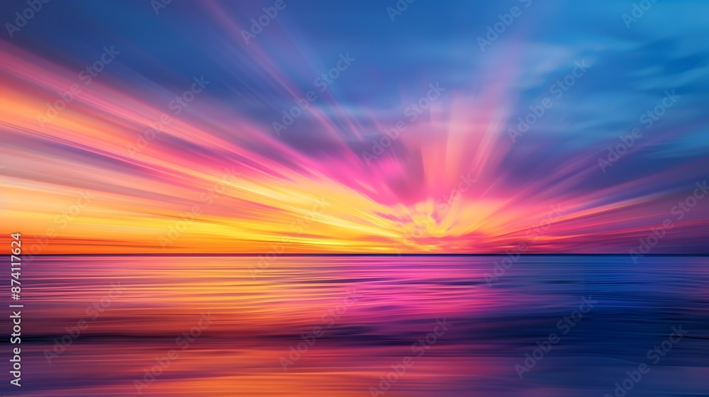 Beautiful colorful sunset over the ocean with long exposure, creating blurred streaks of light across the sky and water Beautiful colorful sunset over the ocean with long exposure, creating blurred streaks of light across the sky and water