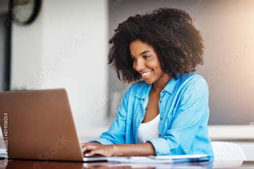 Quadro em tela Student, happy and home or browsing on laptop, online and assignment submission for university in apartment