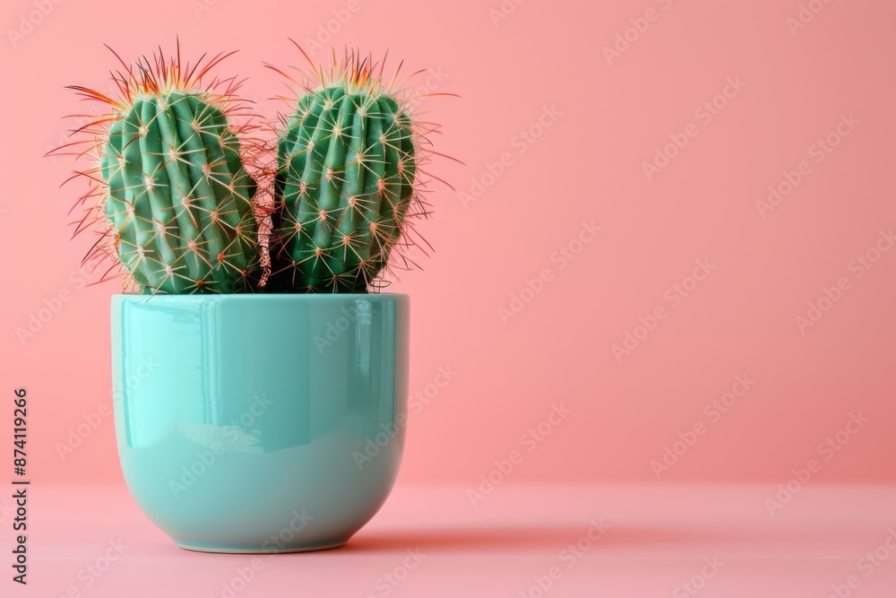 Two Cacti in a Teal Pot on a Pink Background Two Cacti in a Teal Pot on a Pink Background