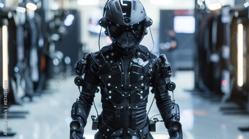 Person wearing an advanced motion capture suit in a high-tech laboratory, representing cutting-edge technology and virtual reality development. Person wearing an advanced motion capture suit in a high-tech laboratory, representing cutting-edge technology and virtual reality development.