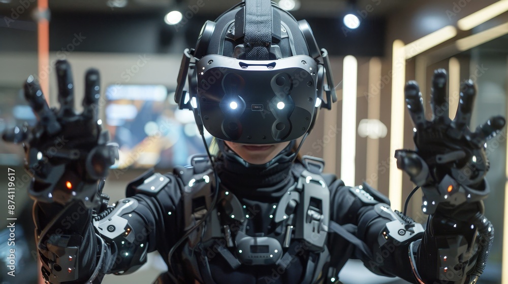 Fototapeta premium Person wearing an advanced motion capture suit in a high-tech laboratory, representing cutting-edge technology and virtual reality development.