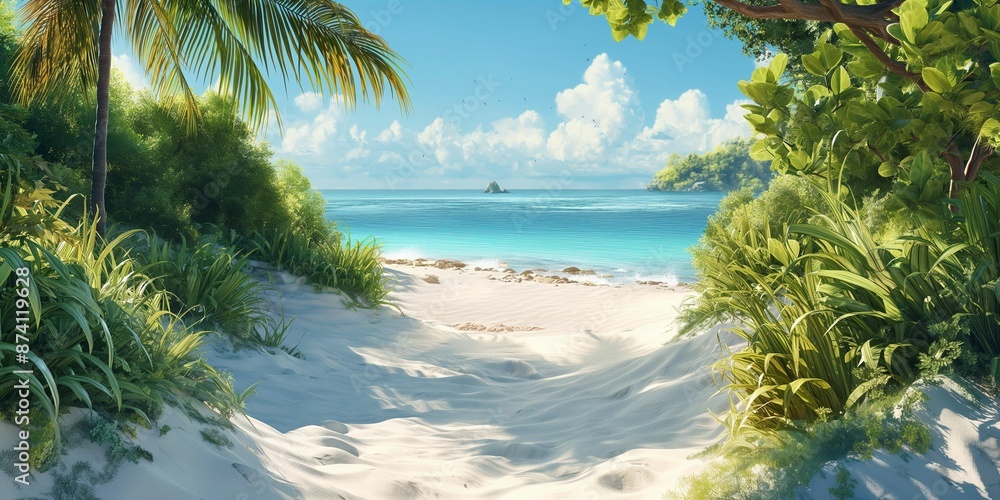 Tropical beach adorned with lush greenery and embraced by azure blue ocean waters, presenting a picturesque blend of vibrant nature and serene seaside beauty, perfect for travel and relaxation-themed Tropical beach adorned with lush greenery and embraced by azure blue ocean waters, presenting a picturesque blend of vibrant nature and serene seaside beauty, perfect for travel and relaxation-themed