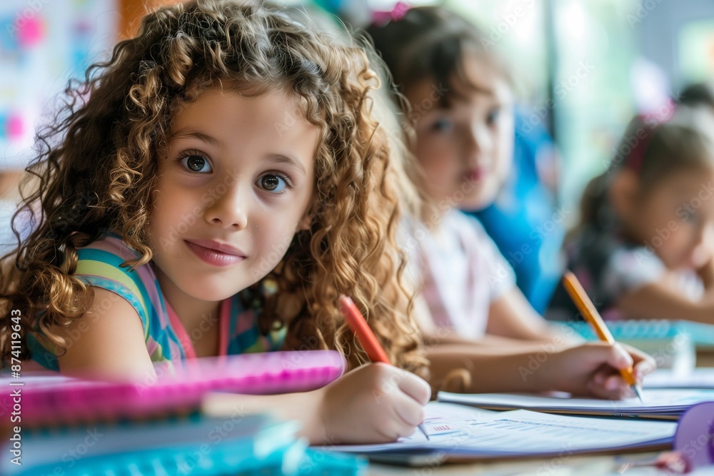 Curious girl writing alongside friends in a bustling classroom environment, capturing a scene of youthful exploration and collaborative learning, ideal for educational content promoting creativity Curious girl writing alongside friends in a bustling classroom environment, capturing a scene of youthful exploration and collaborative learning, ideal for educational content promoting creativity