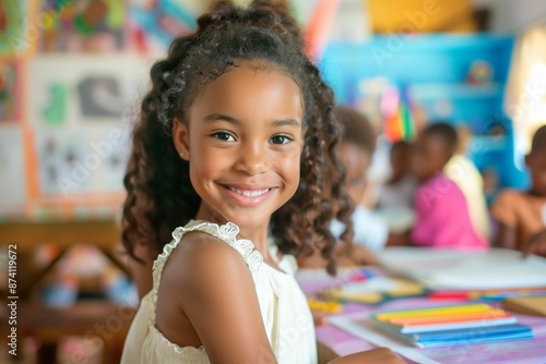 Smiling African American girl in a classroom with a vibrant, colorful background, exuding joy and enthusiasm in an educational setting, ideal for promoting diversity and positive learning environments