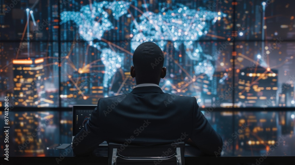 Businessman Analyzing Global Data on Multiple Screens Businessman Analyzing Global Data on Multiple Screens