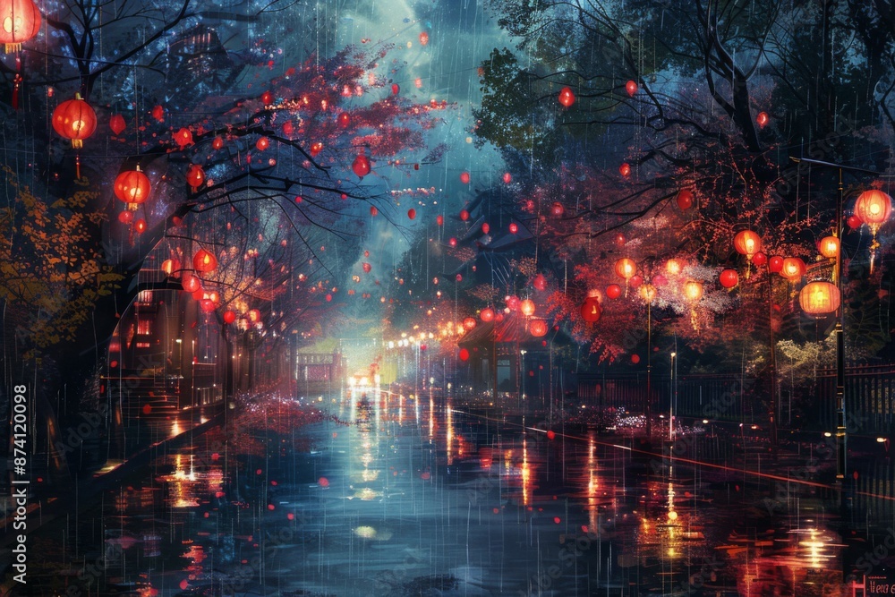 Obraz premium Magical Rainy Lantern Street at Night