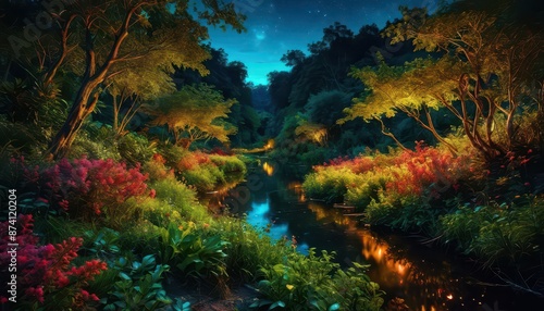 Enchanted Forest Stream at Night. © BOJOShop