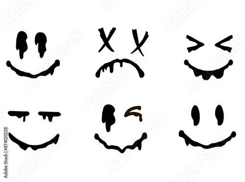 Set of smiling mouths on white background. Face doodle art style. Melted smile faces set. Urban graffiti style design