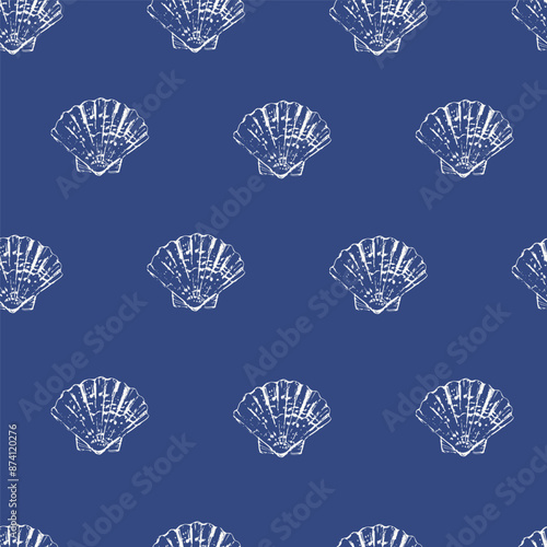 Vector sea animals seamless pattern. Sea shells in white on blue.
