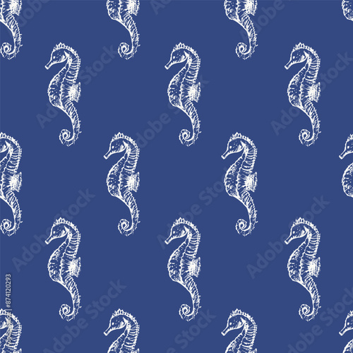 Vector sea animals seamless pattern. Seahorse in white on blue.