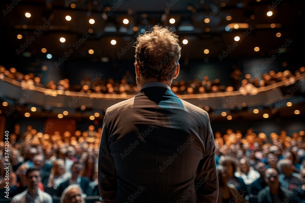 Back view of a speaker addressing a large audience in a packed auditorium, highlighting public speaking, conferences, and formal events. Back view of a speaker addressing a large audience in a packed auditorium, highlighting public speaking, conferences, and formal events.