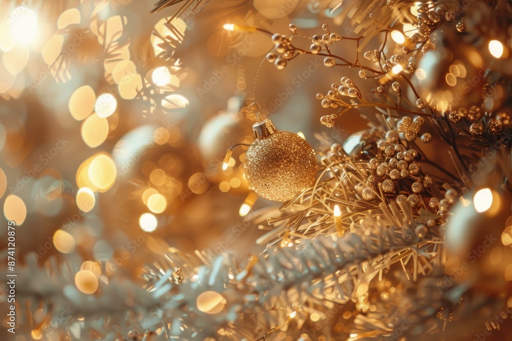 Luxurious golden christmas elegance decoration with glittering ornaments and warm seasonal lights in festive holiday celebration atmosphere Luxurious golden christmas elegance decoration with glittering ornaments and warm seasonal lights in festive holiday celebration atmosphere