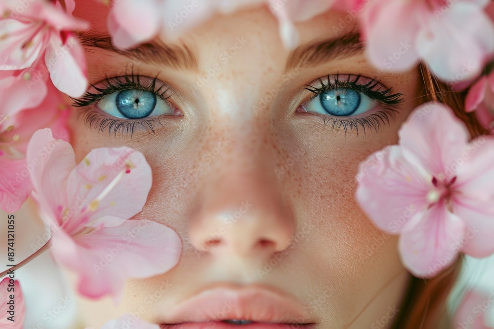 Close-up Face with Blue Eyes and Pink Flowers Close-up Face with Blue Eyes and Pink Flowers