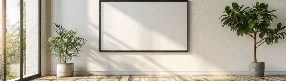 Modern, minimalist living space with blank white frame and green plants. Sunlit interior design for creative display and cozy ambience. Modern, minimalist living space with blank white frame and green plants. Sunlit interior design for creative display and cozy ambience.