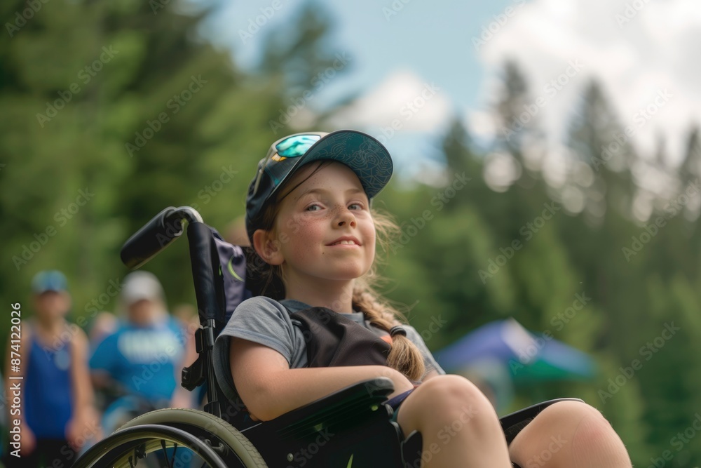 Fototapeta premium child in a wheelchair at summer camp. generative ai