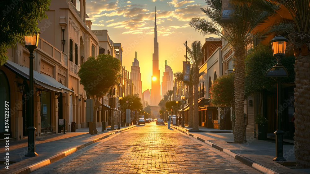 Obraz premium Illustration, view of Dubai from its Burj Khalifa, unusual light against the city's background, cinematic effect, unusual town of the United Arab Emirates.