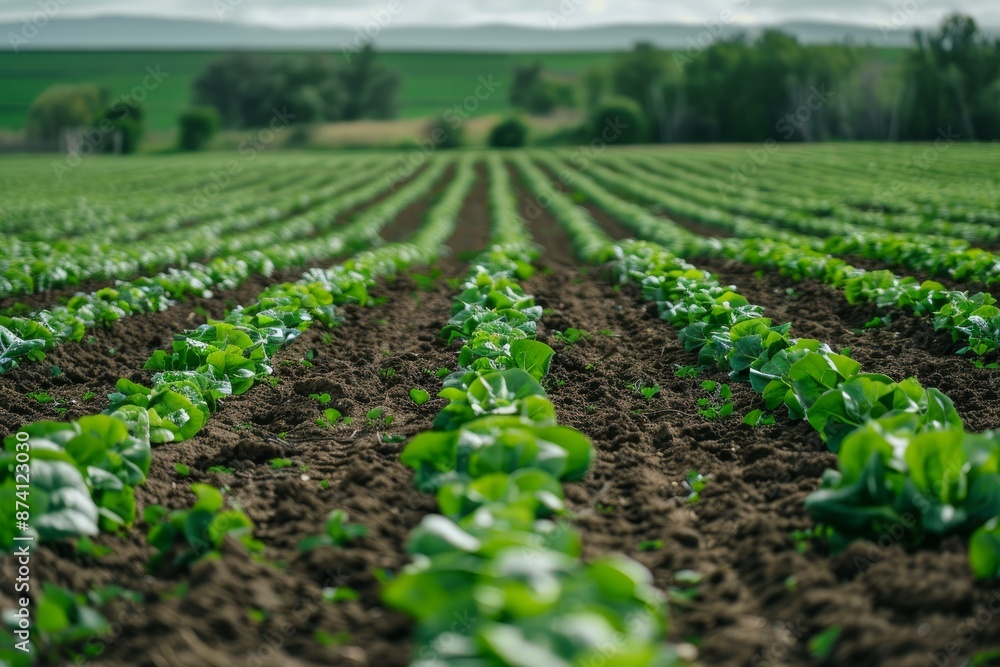 Neat rows of vibrant green crops growing in fertile farmland Neat rows of vibrant green crops growing in fertile farmland