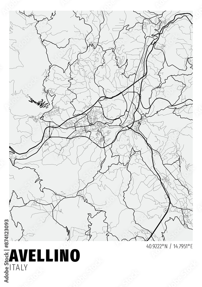 Obraz premium Avellino City, Italy Map - Poster Maps White Modern Wall Art Home Decor Ready to Printable 