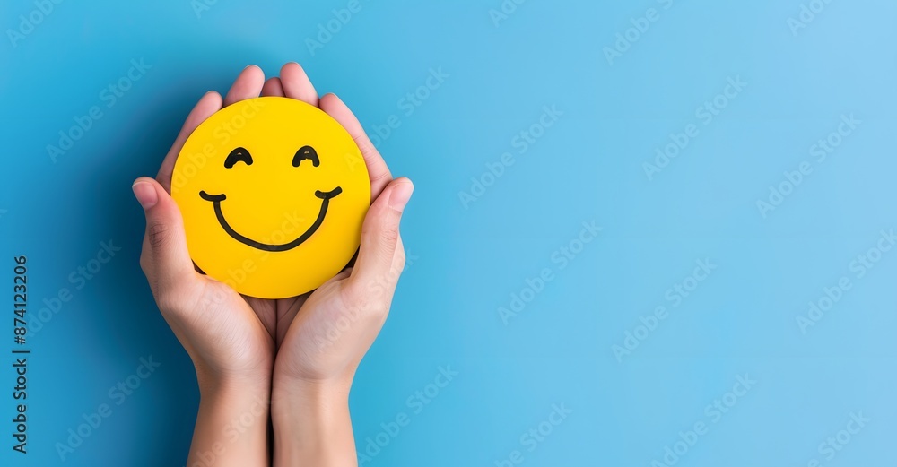 Person holding an yellow smiley face on a blue background, symbolizing happiness and positive emotions Person holding an yellow smiley face on a blue background, symbolizing happiness and positive emotions