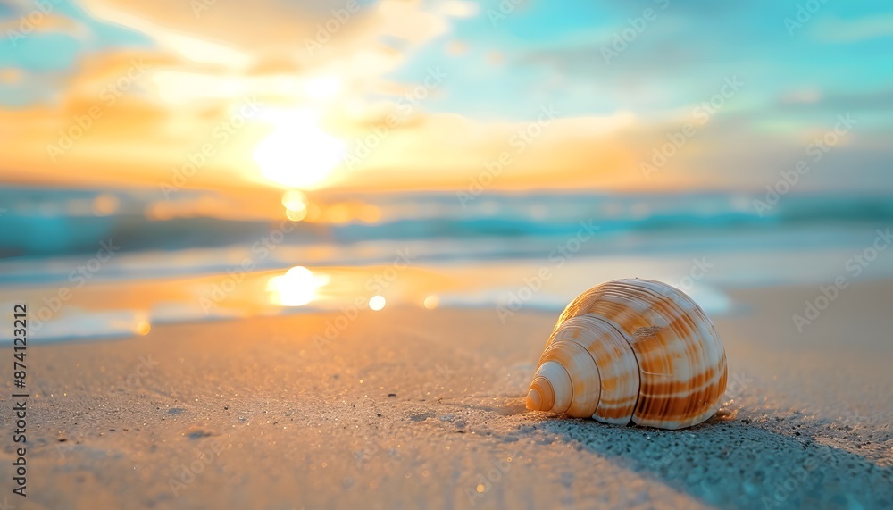Beautiful sea shell on the beach with a blurred background of sunset and blue sky. Summer vacation concept Beautiful sea shell on the beach with a blurred background of sunset and blue sky. Summer vacation concept