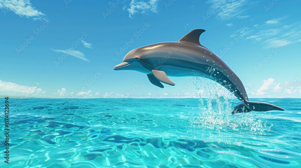 AI Generated 3D cartoon playful dolphin leaping out of crystal clear turquoise water with a bright blue sky in the background. AI Generated 3D cartoon playful dolphin leaping out of crystal clear turquoise water with a bright blue sky in the background.