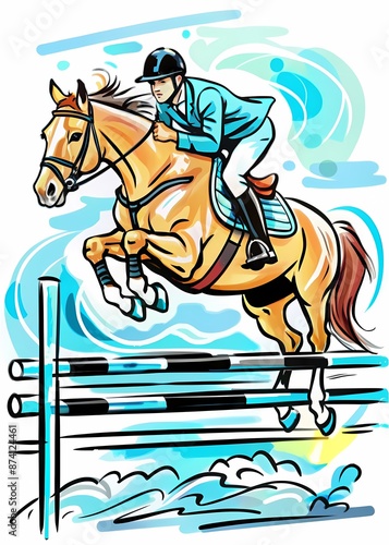 Grace Over Hurdles: The Elegance of Show Jumping - Perfect for use in equestrian magazines, horse training guides, sports equipment catalogs, educational materials on horse riding