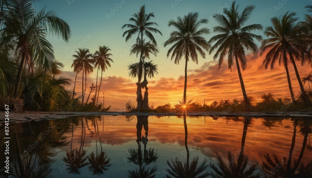 Palm Trees Reflected in a Pool at Sunset. Palm Trees Reflected in a Pool at Sunset.