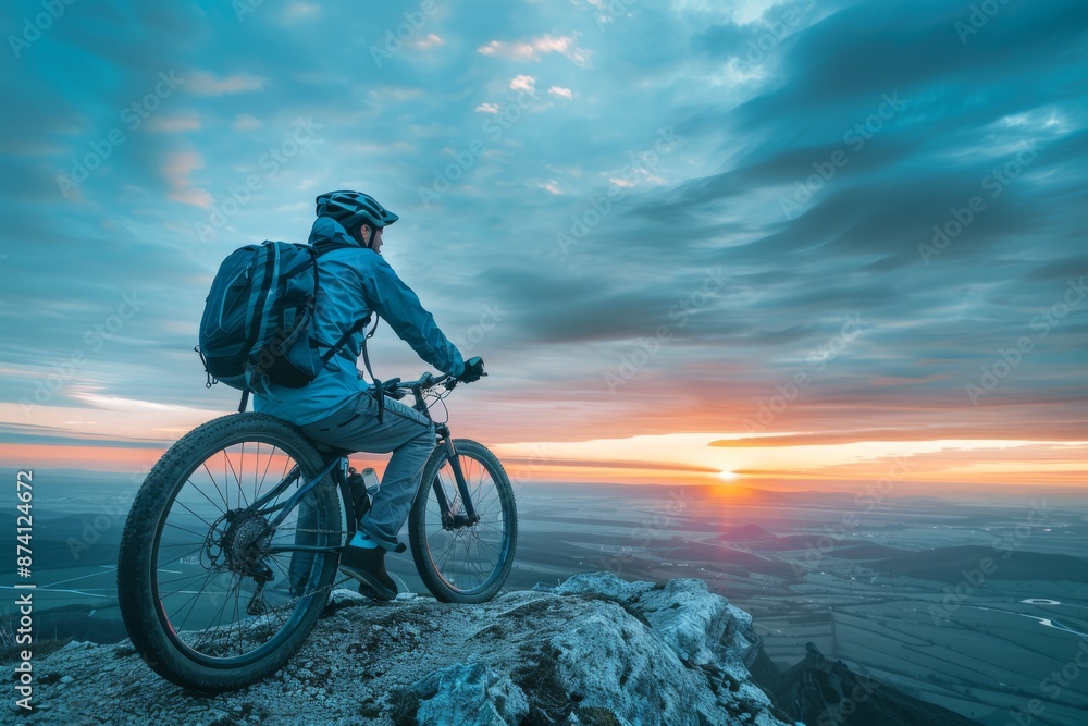 A serene image of a cyclist watching the sunrise from a mountain top, highlighting the beauty of nature and the spirit of adventure A serene image of a cyclist watching the sunrise from a mountain top, highlighting the beauty of nature and the spirit of adventure