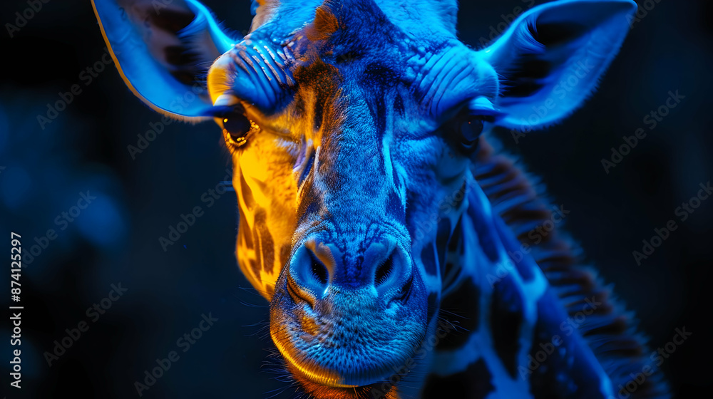 Closeup of Giraffe Head in Blue and Yellow Light - Photo Closeup of Giraffe Head in Blue and Yellow Light - Photo