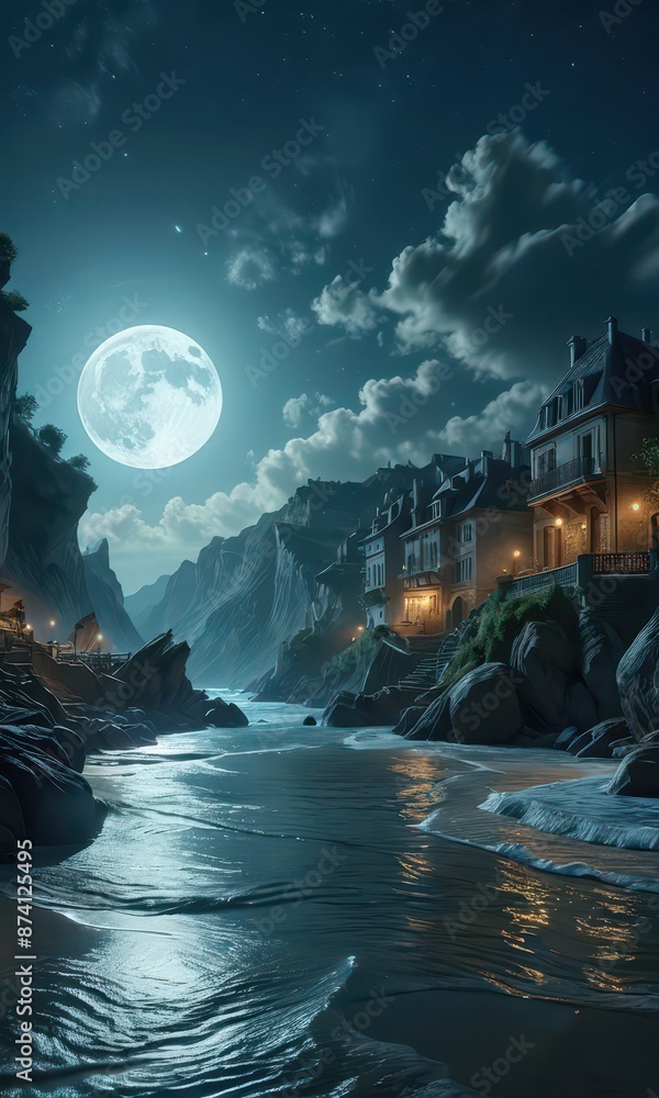 Coastal Town Under a Full Moon. Coastal Town Under a Full Moon.