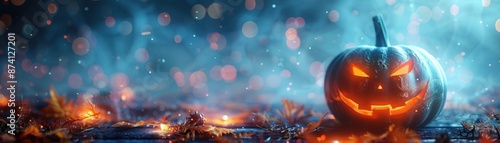 A glowing jack-o'-lantern amidst a smoky, eerie background with vibrant bokeh lights, capturing the essence of Halloween night.