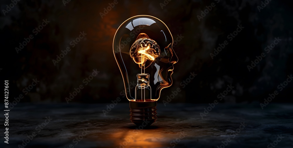 Light bulb with glowing human head inside on dark background, idea ...