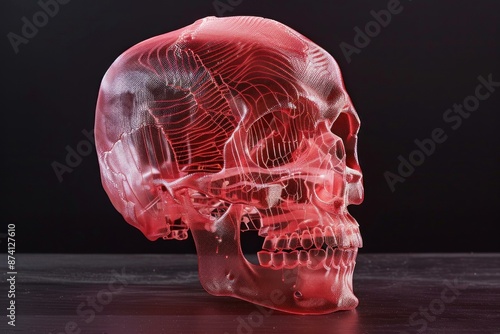 Side view of a red tinted, transparent, 3d printed human skull model on a dark surface photo